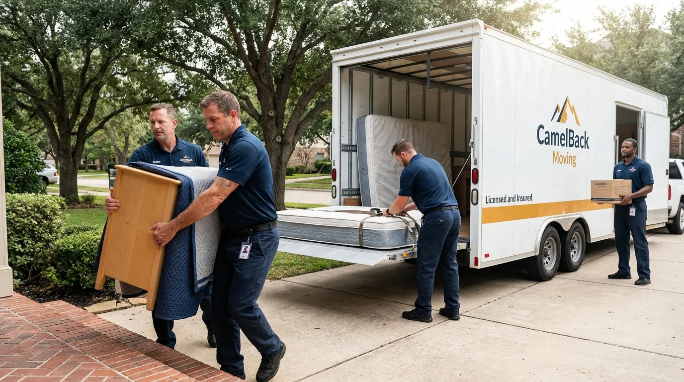 Crew loading residential truck for cross-state move from Sonora, TX