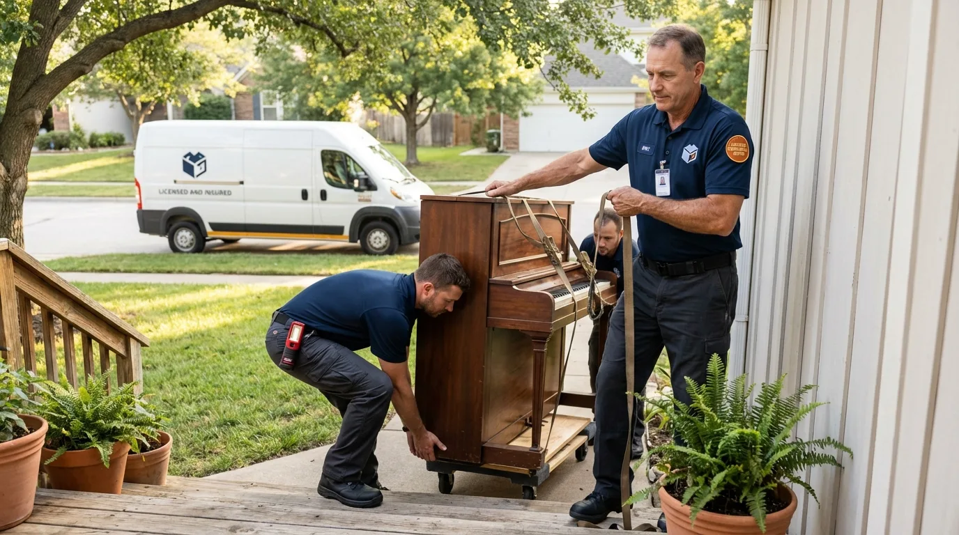 Licensed piano movers securing grand piano in Sonora, TX