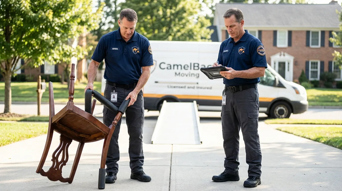 Movers inspecting furniture for damage prevention before loading in Sonora, TX
