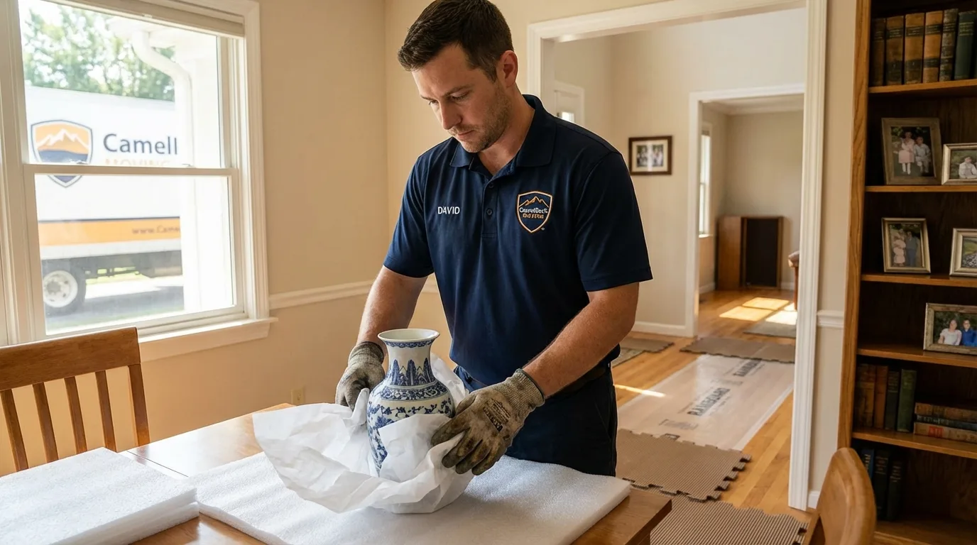 Professional crew carefully wrapping antique vase for senior downsizing move in Sonora, TX